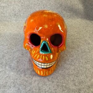 Hand Painted Day Of The Dead Orange White Green Yellow Skull Flowers Birds Stars